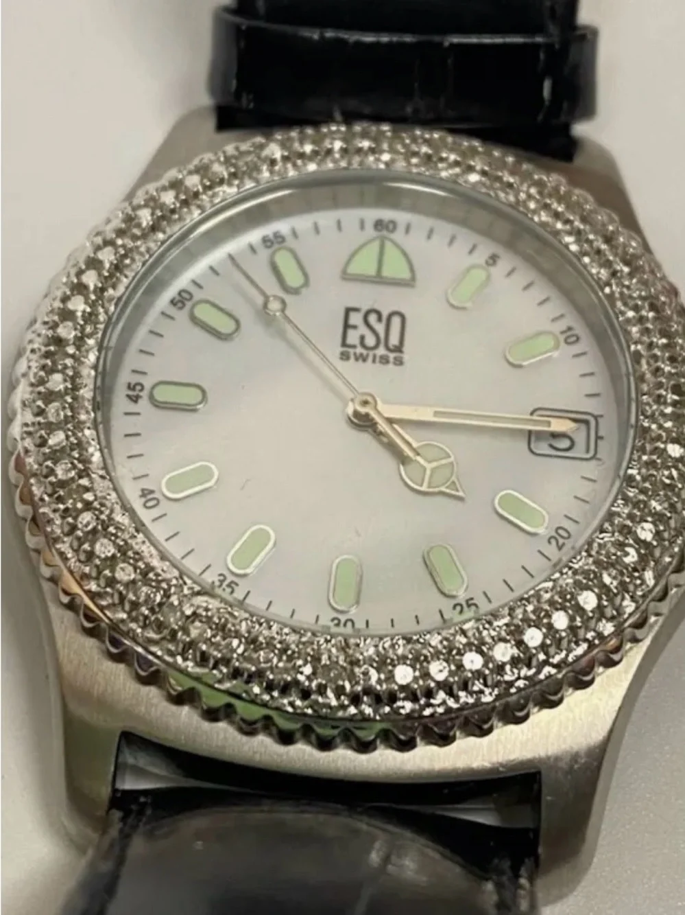 ESQ Women's Silver Watch with Diamond Bezel - White Dial. Glow in the dark hands